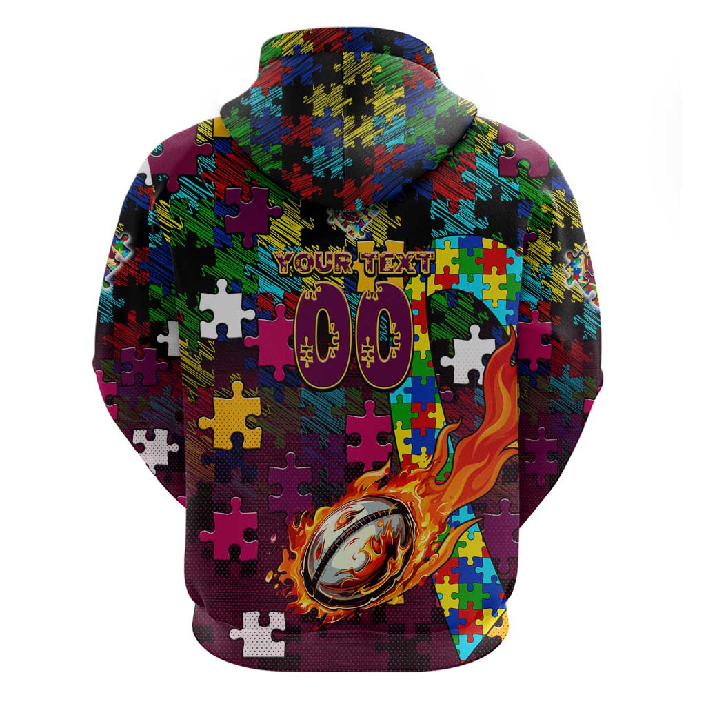 Broncos Autism Awareness Zip Hoodie Puzzle Flames Rugby Ball