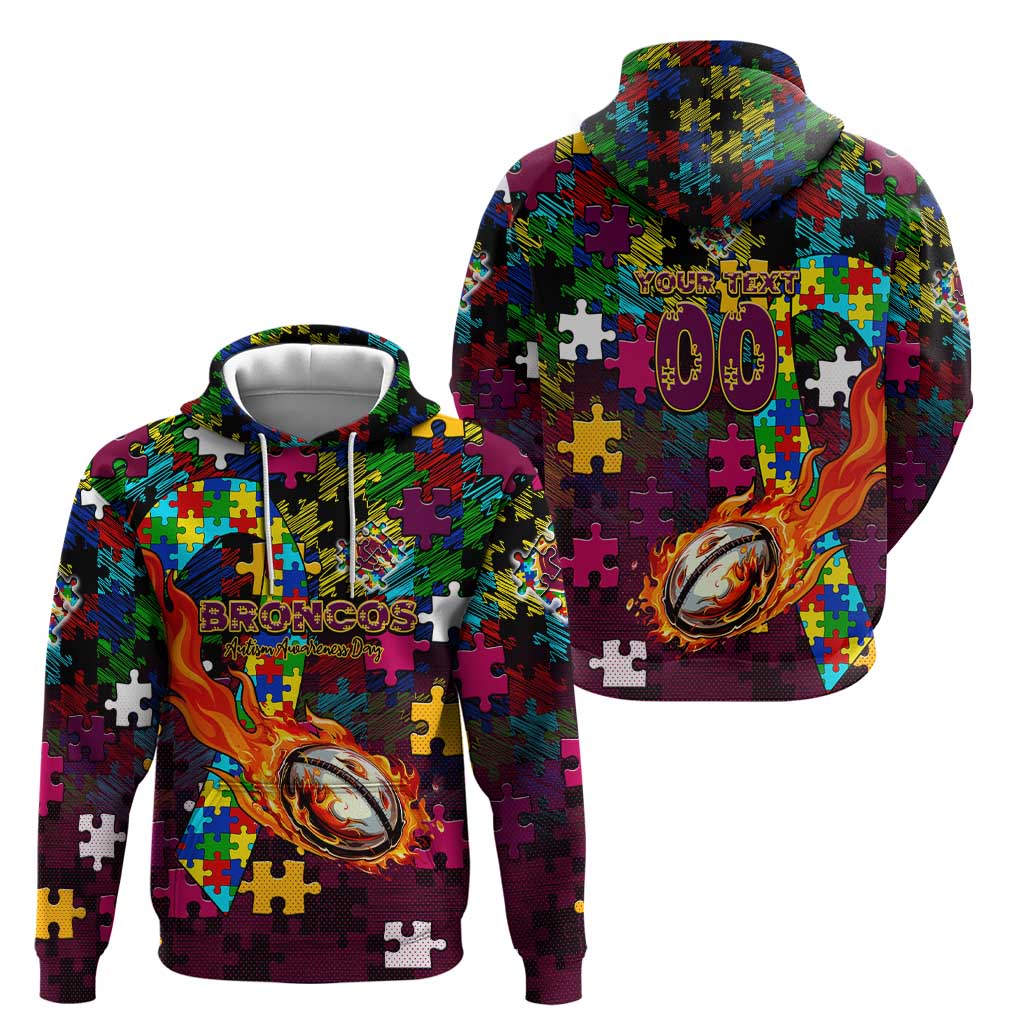 Broncos Autism Awareness Zip Hoodie Puzzle Flames Rugby Ball