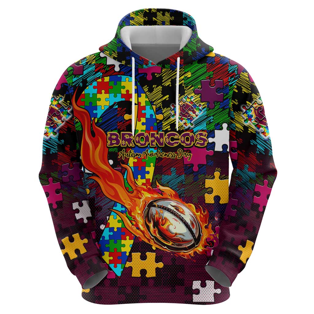 Broncos Autism Awareness Zip Hoodie Puzzle Flames Rugby Ball