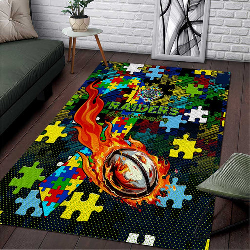 Raiders Autism Awareness Area Rug Puzzle Flames Rugby Ball