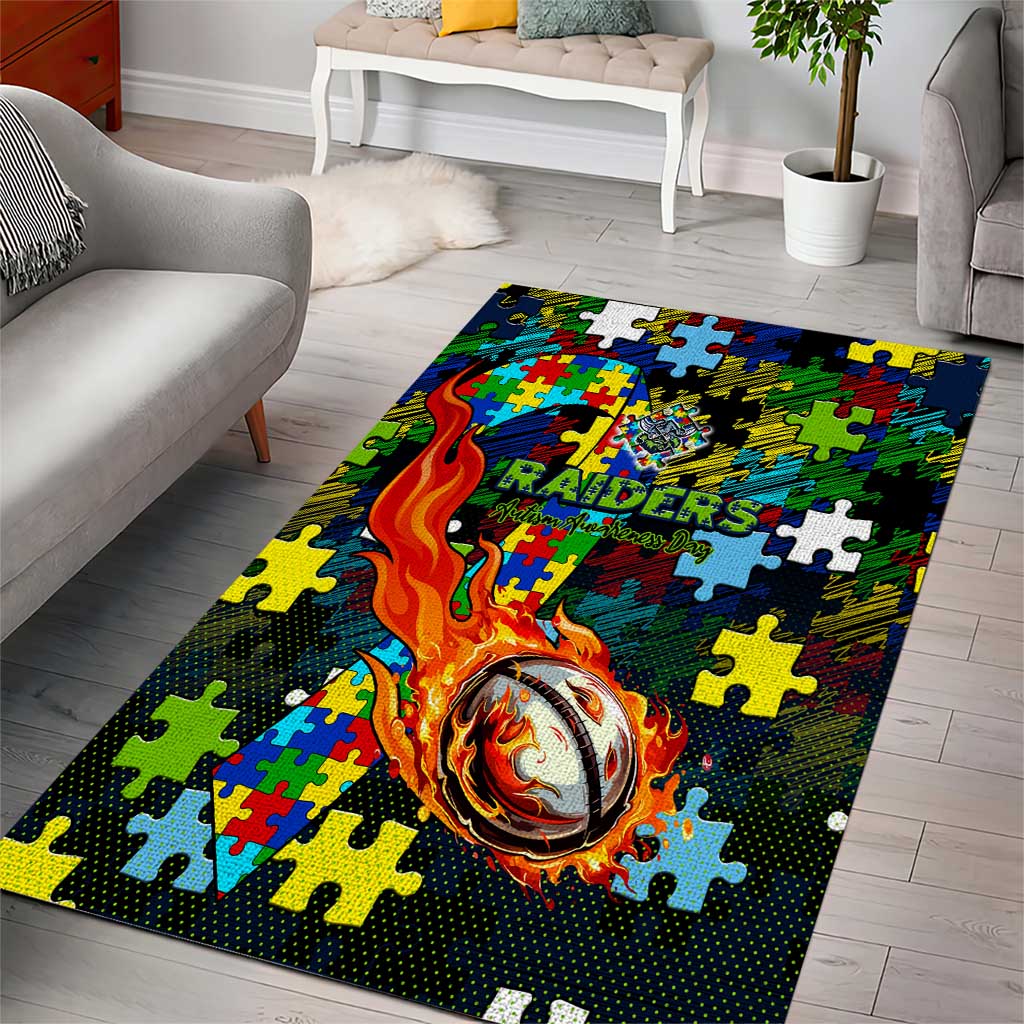 Raiders Autism Awareness Area Rug Puzzle Flames Rugby Ball