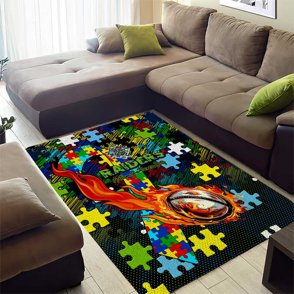 Raiders Autism Awareness Area Rug Puzzle Flames Rugby Ball