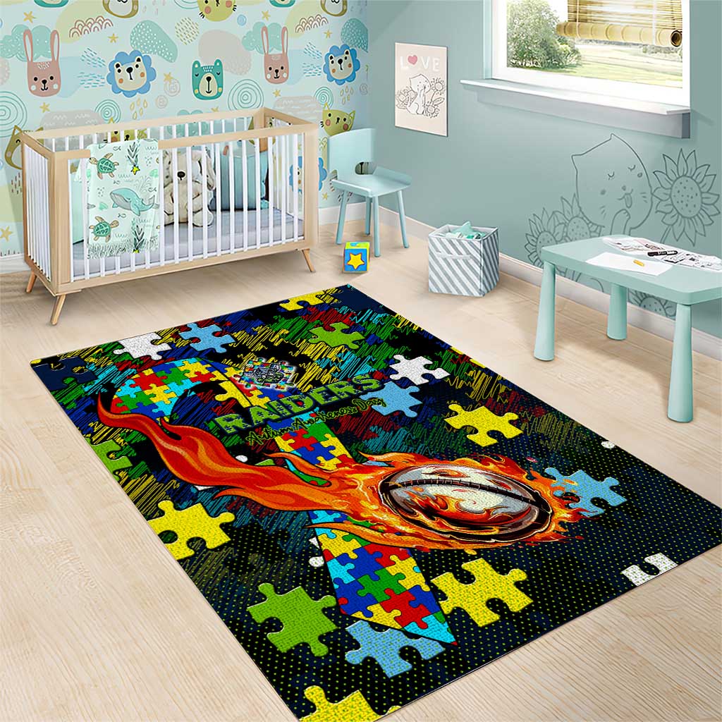 Raiders Autism Awareness Area Rug Puzzle Flames Rugby Ball