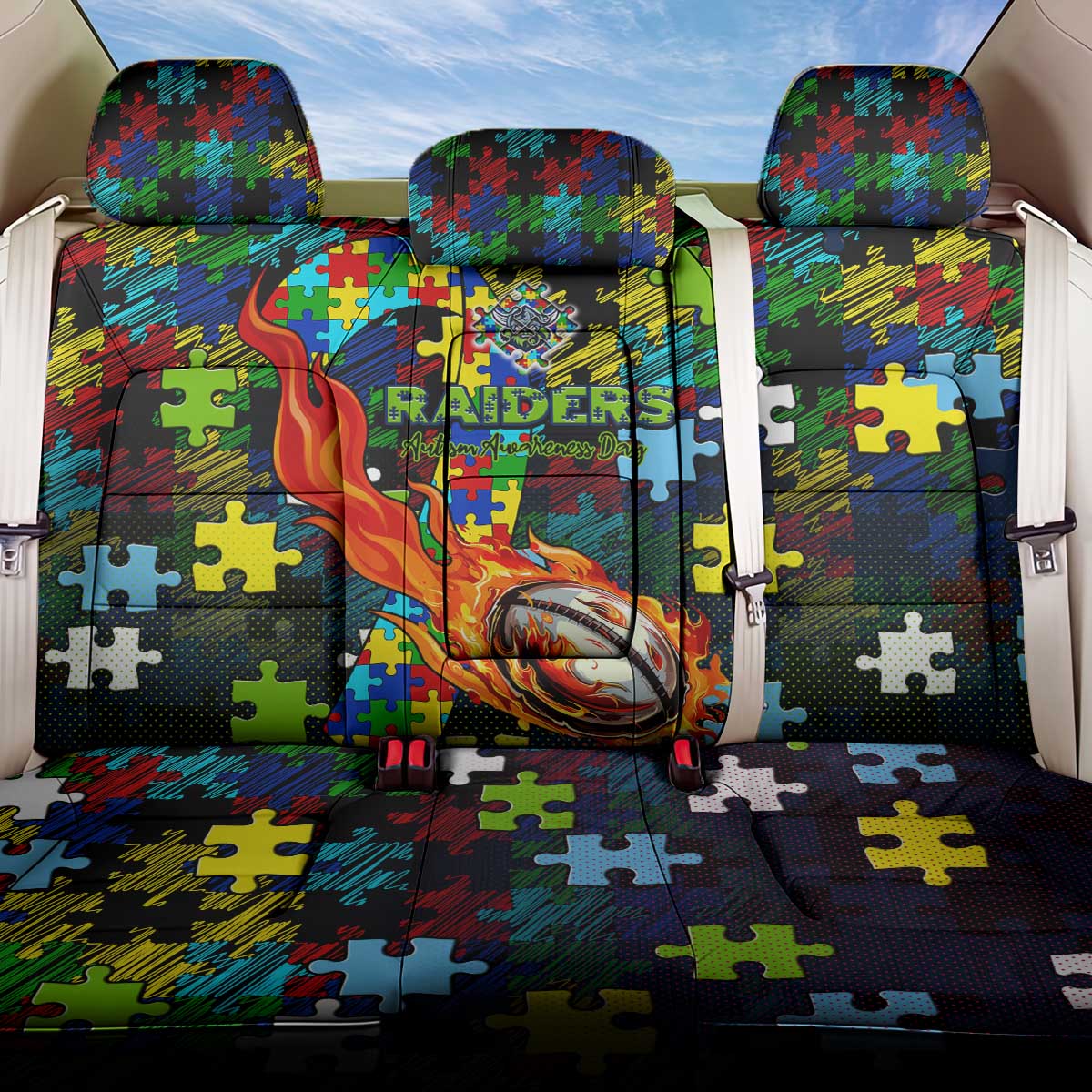 Raiders Autism Awareness Back Car Seat Cover Puzzle Flames Rugby Ball
