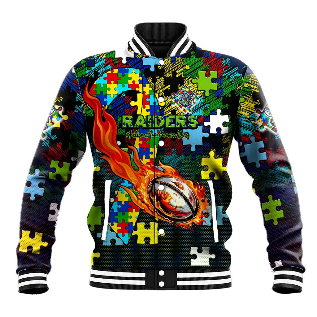 Raiders Autism Awareness Baseball Jacket Puzzle Flames Rugby Ball