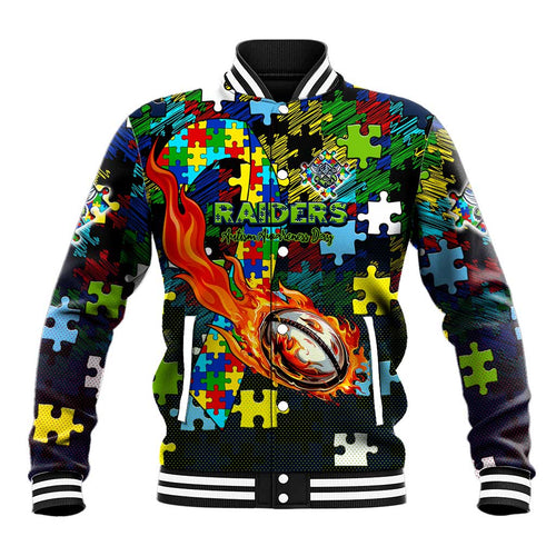 Raiders Autism Awareness Baseball Jacket Puzzle Flames Rugby Ball