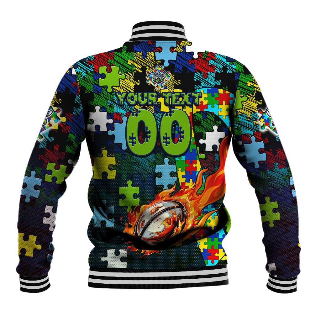 Raiders Autism Awareness Baseball Jacket Puzzle Flames Rugby Ball