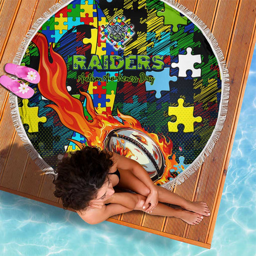 Raiders Autism Awareness Beach Blanket Puzzle Flames Rugby Ball
