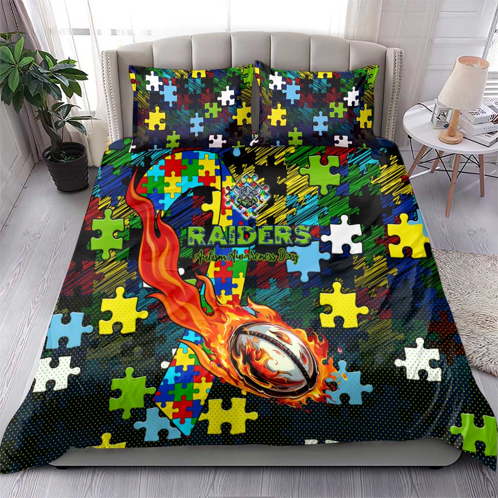 Raiders Autism Awareness Bedding Set Puzzle Flames Rugby Ball