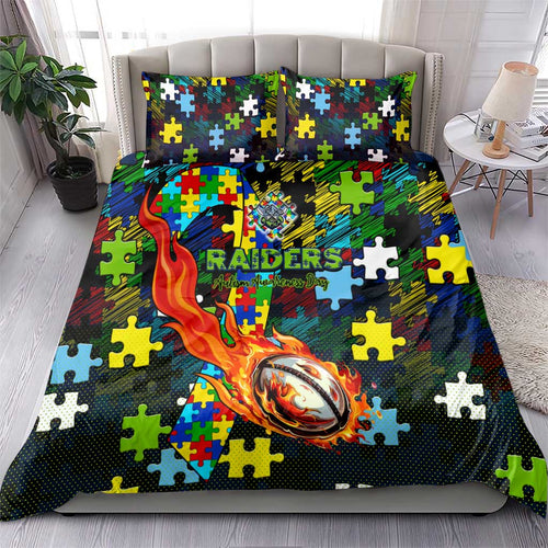 Raiders Autism Awareness Bedding Set Puzzle Flames Rugby Ball