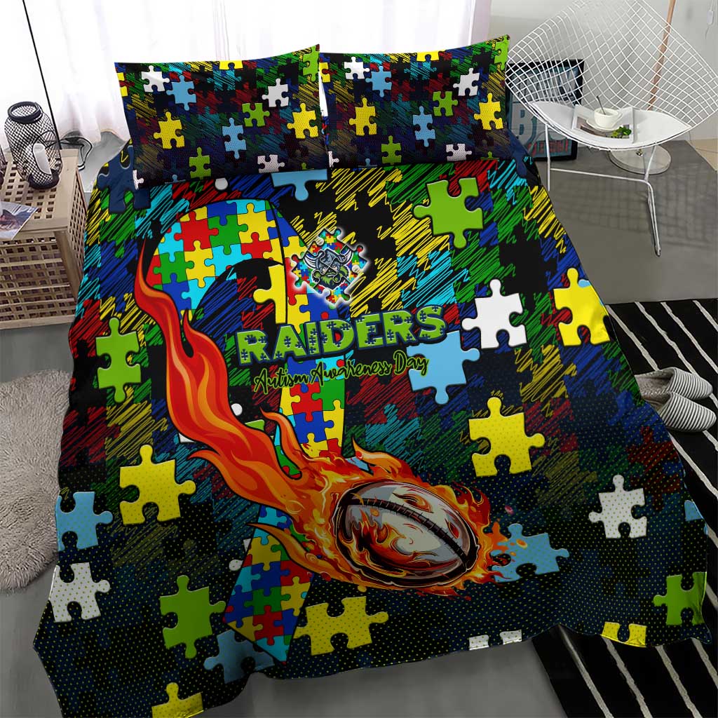 Raiders Autism Awareness Bedding Set Puzzle Flames Rugby Ball