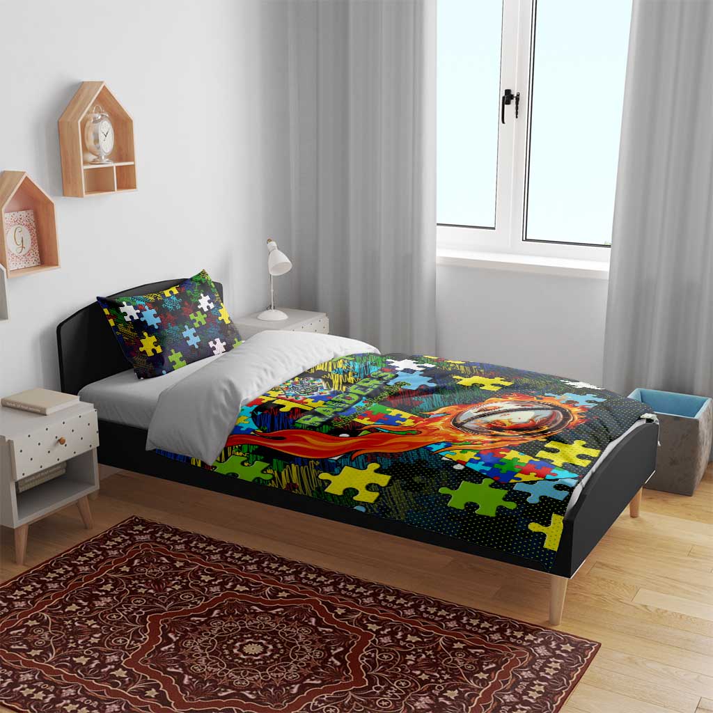 Raiders Autism Awareness Bedding Set Puzzle Flames Rugby Ball
