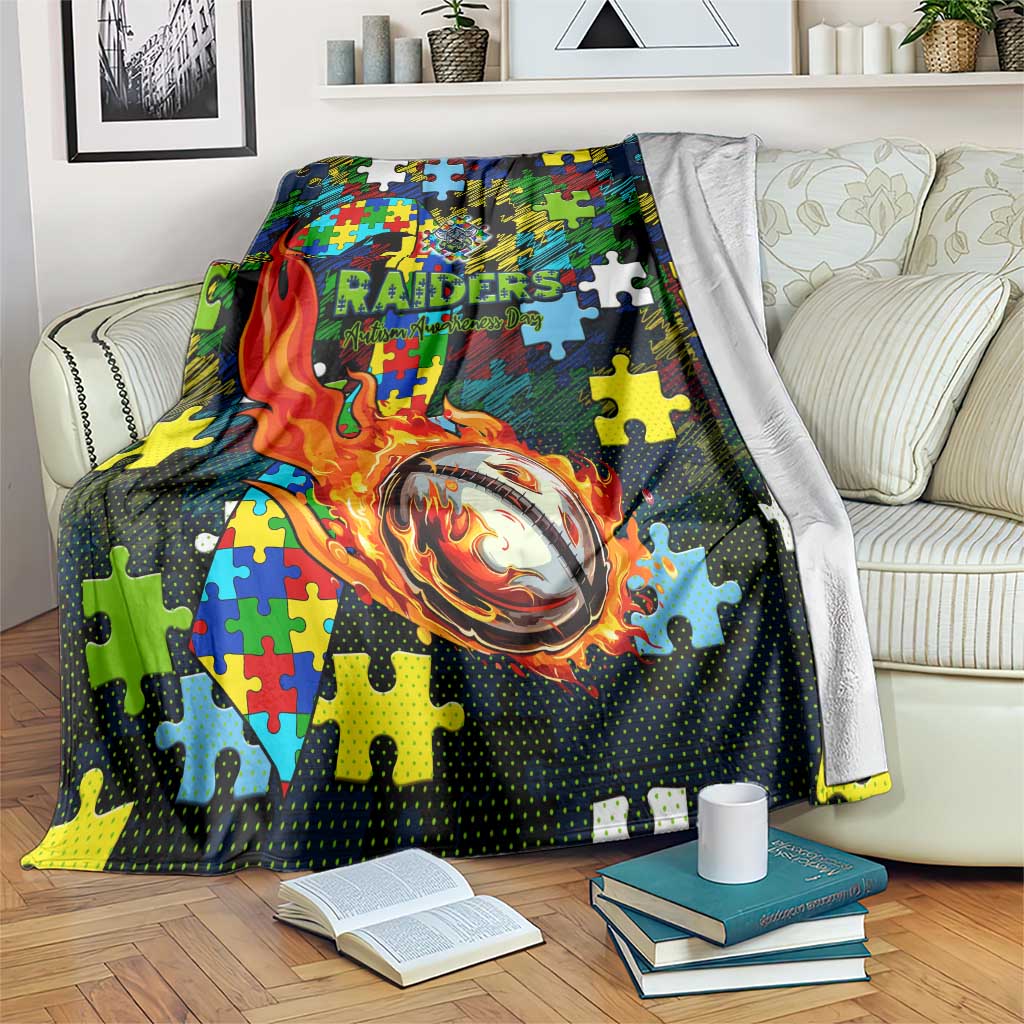 Raiders Autism Awareness Blanket Puzzle Flames Rugby Ball