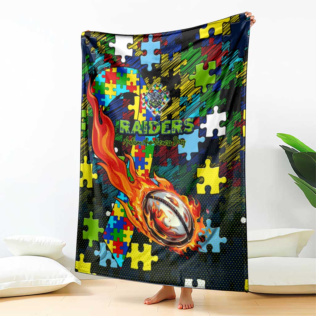 Raiders Autism Awareness Blanket Puzzle Flames Rugby Ball