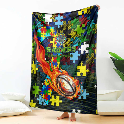 Raiders Autism Awareness Blanket Puzzle Flames Rugby Ball