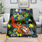 Raiders Autism Awareness Blanket Puzzle Flames Rugby Ball