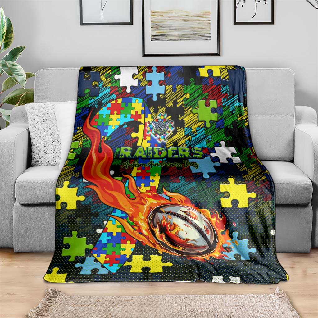 Raiders Autism Awareness Blanket Puzzle Flames Rugby Ball