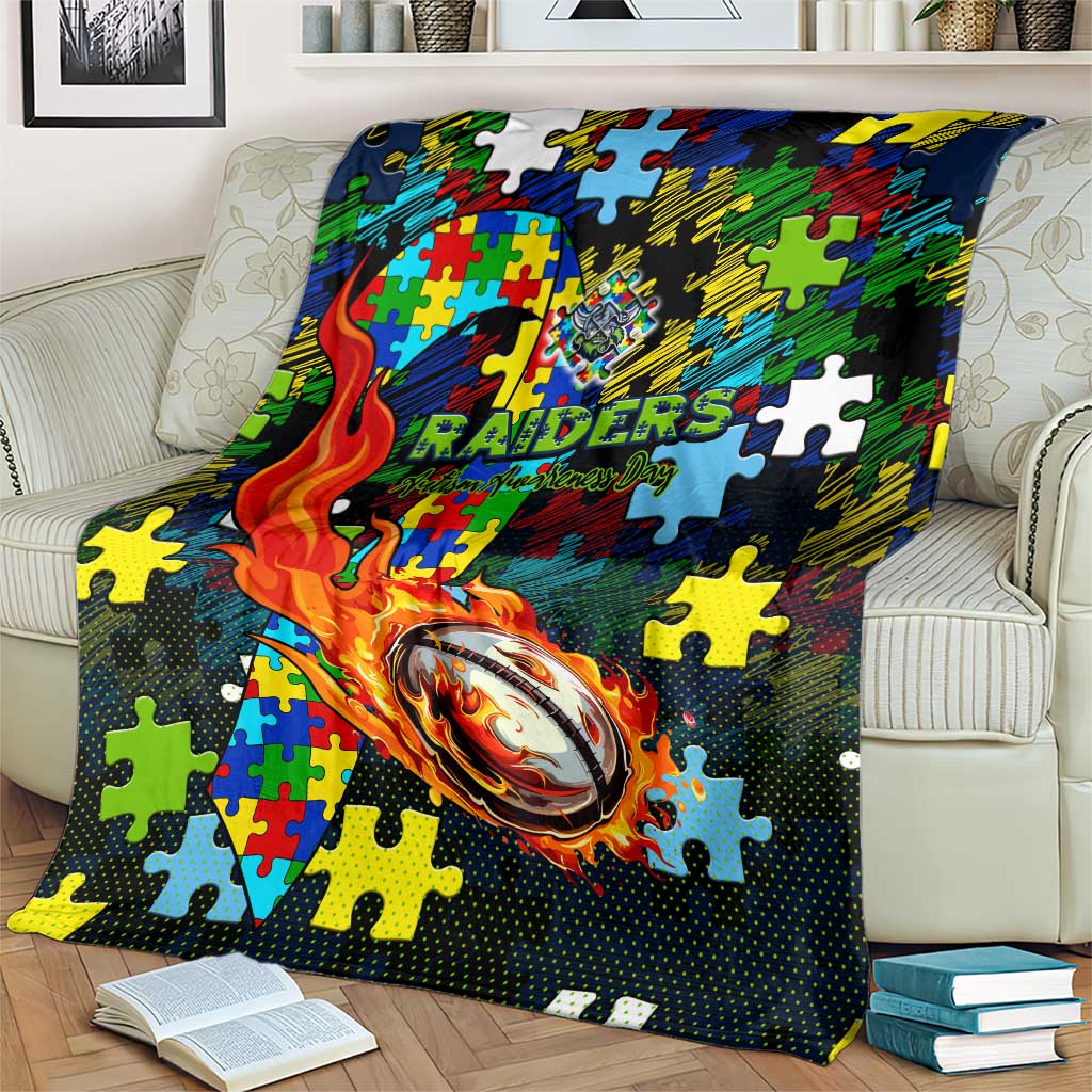 Raiders Autism Awareness Blanket Puzzle Flames Rugby Ball