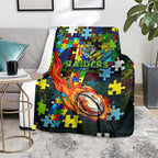 Raiders Autism Awareness Blanket Puzzle Flames Rugby Ball