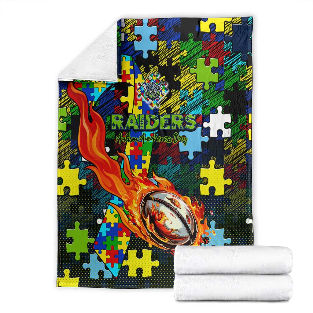 Raiders Autism Awareness Blanket Puzzle Flames Rugby Ball