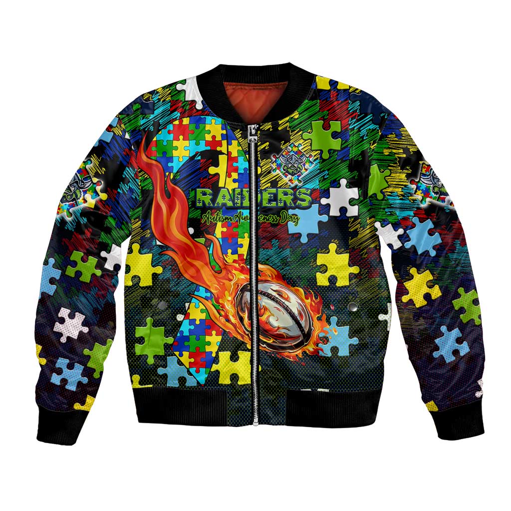Raiders Autism Awareness Bomber Jacket Puzzle Flames Rugby Ball
