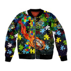 Raiders Autism Awareness Bomber Jacket Puzzle Flames Rugby Ball