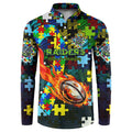 Raiders Autism Awareness Button Sweatshirt Puzzle Flames Rugby Ball