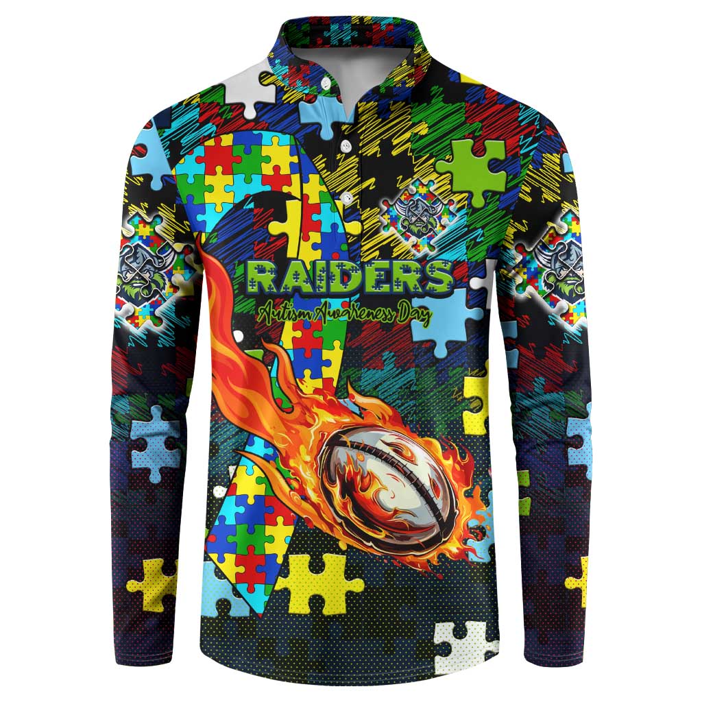 Raiders Autism Awareness Button Sweatshirt Puzzle Flames Rugby Ball