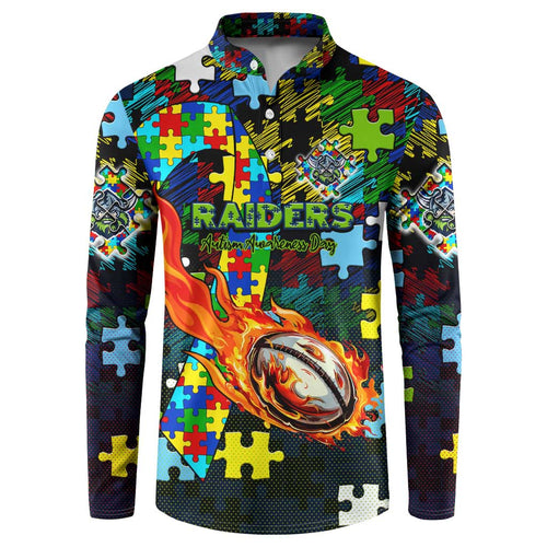 Raiders Autism Awareness Button Sweatshirt Puzzle Flames Rugby Ball