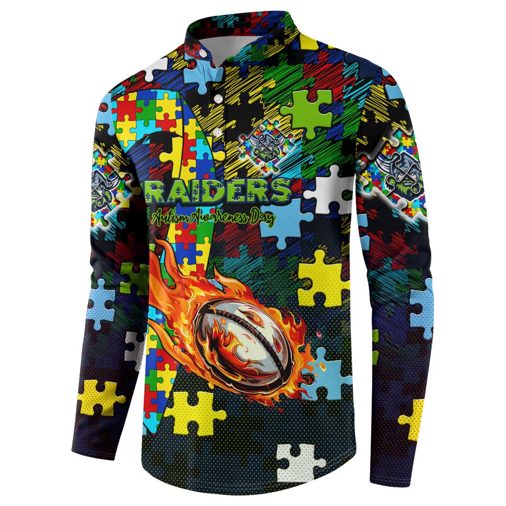 Raiders Autism Awareness Button Sweatshirt Puzzle Flames Rugby Ball