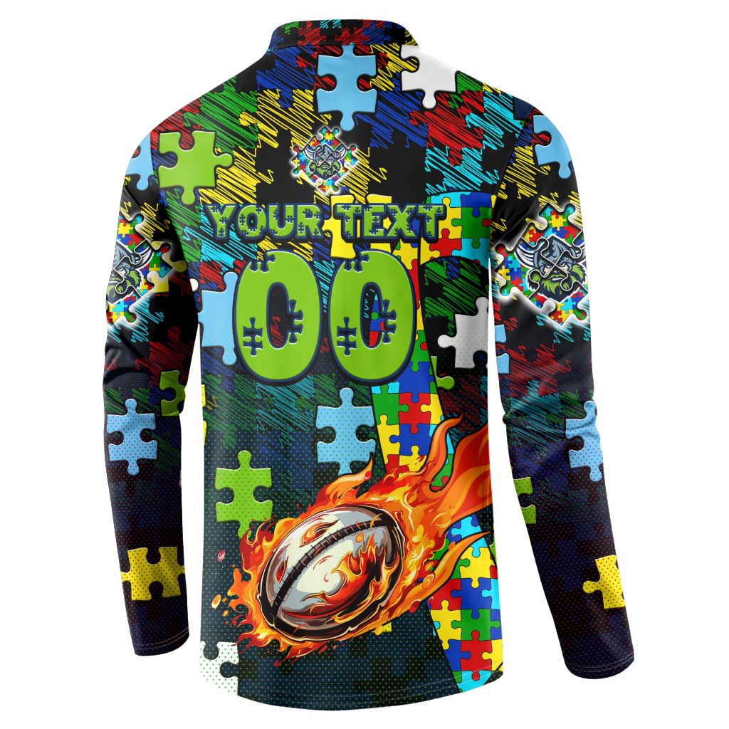Raiders Autism Awareness Button Sweatshirt Puzzle Flames Rugby Ball