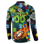 Raiders Autism Awareness Button Sweatshirt Puzzle Flames Rugby Ball