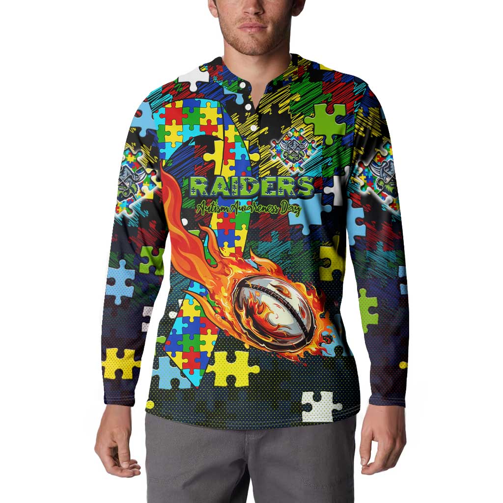 Raiders Autism Awareness Button Sweatshirt Puzzle Flames Rugby Ball