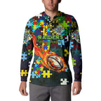 Raiders Autism Awareness Button Sweatshirt Puzzle Flames Rugby Ball