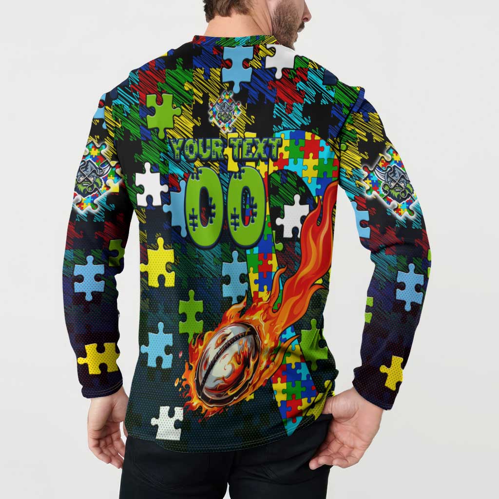 Raiders Autism Awareness Button Sweatshirt Puzzle Flames Rugby Ball
