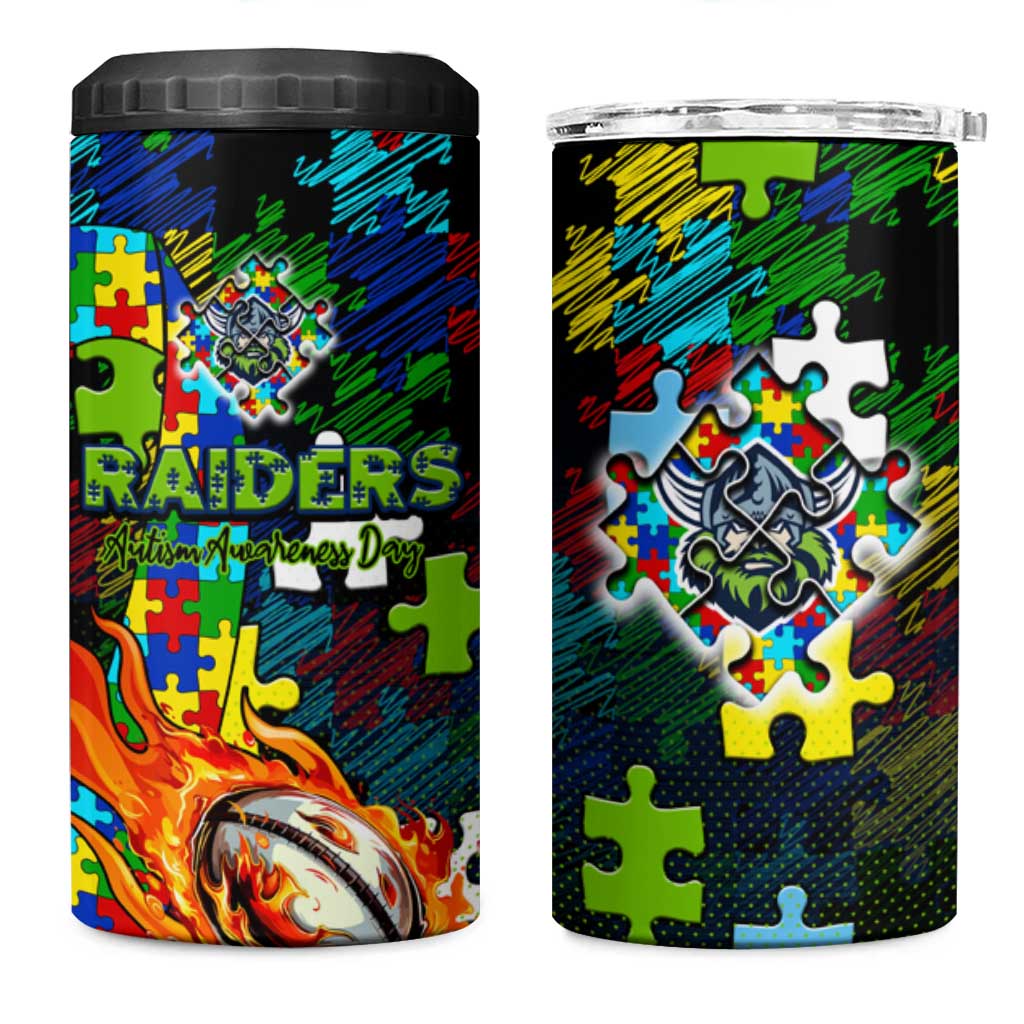 Raiders Autism Awareness 4 in 1 Can Cooler Tumbler Puzzle Flames Rugby Ball