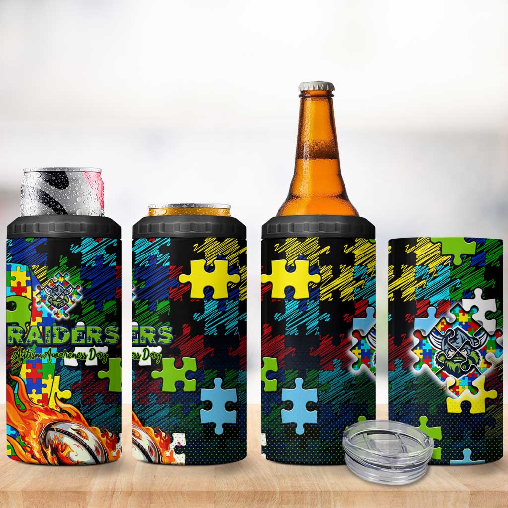 Raiders Autism Awareness 4 in 1 Can Cooler Tumbler Puzzle Flames Rugby Ball