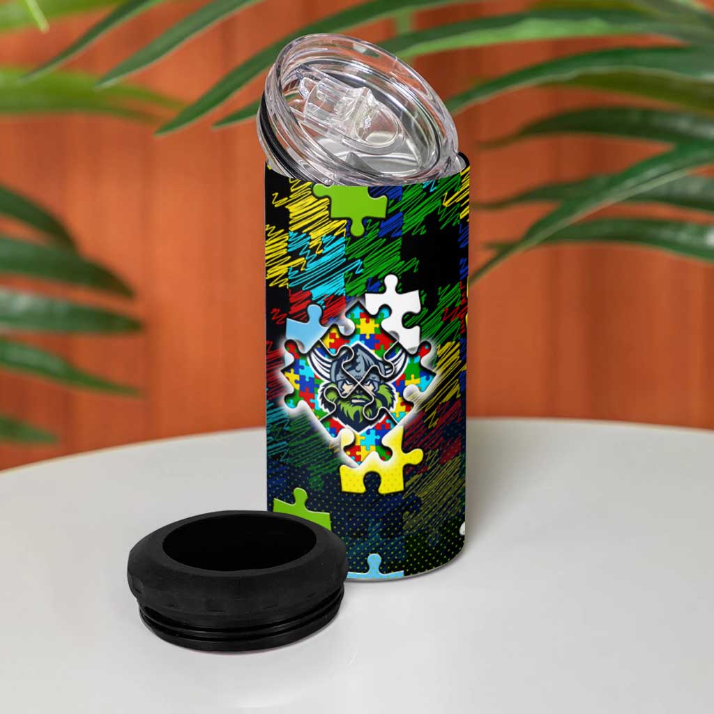 Raiders Autism Awareness 4 in 1 Can Cooler Tumbler Puzzle Flames Rugby Ball