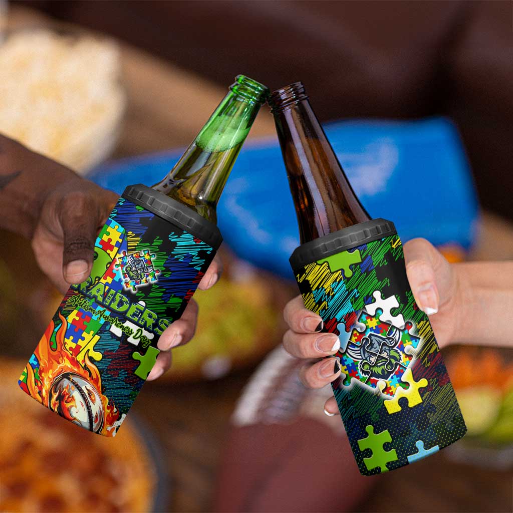 Raiders Autism Awareness 4 in 1 Can Cooler Tumbler Puzzle Flames Rugby Ball