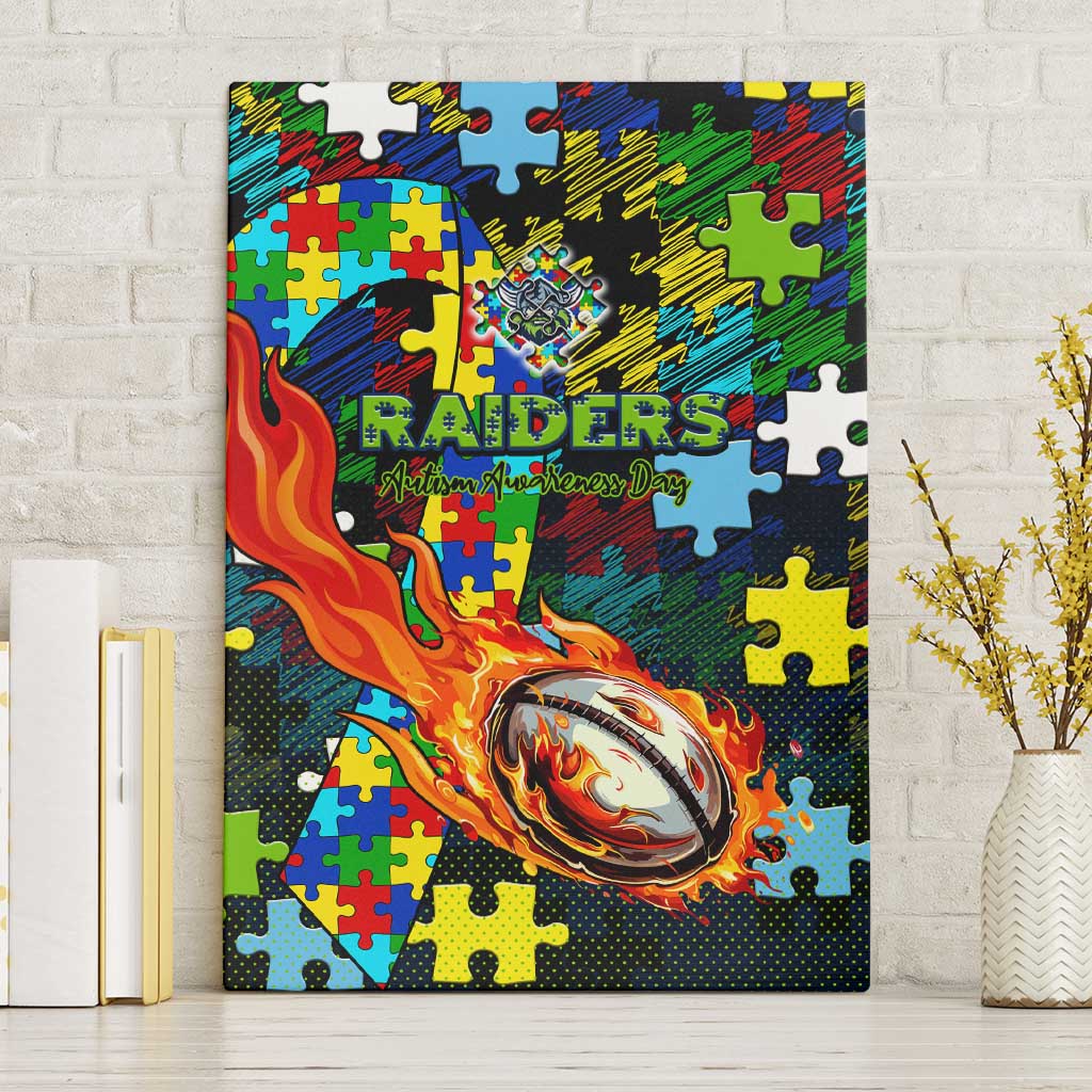 Raiders Autism Awareness Canvas Wall Art Puzzle Flames Rugby Ball