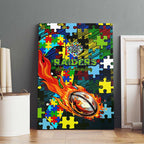 Raiders Autism Awareness Canvas Wall Art Puzzle Flames Rugby Ball