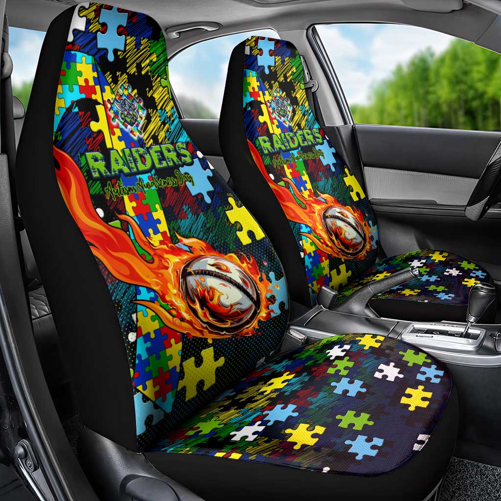 Raiders Autism Awareness Car Seat Cover Puzzle Flames Rugby Ball