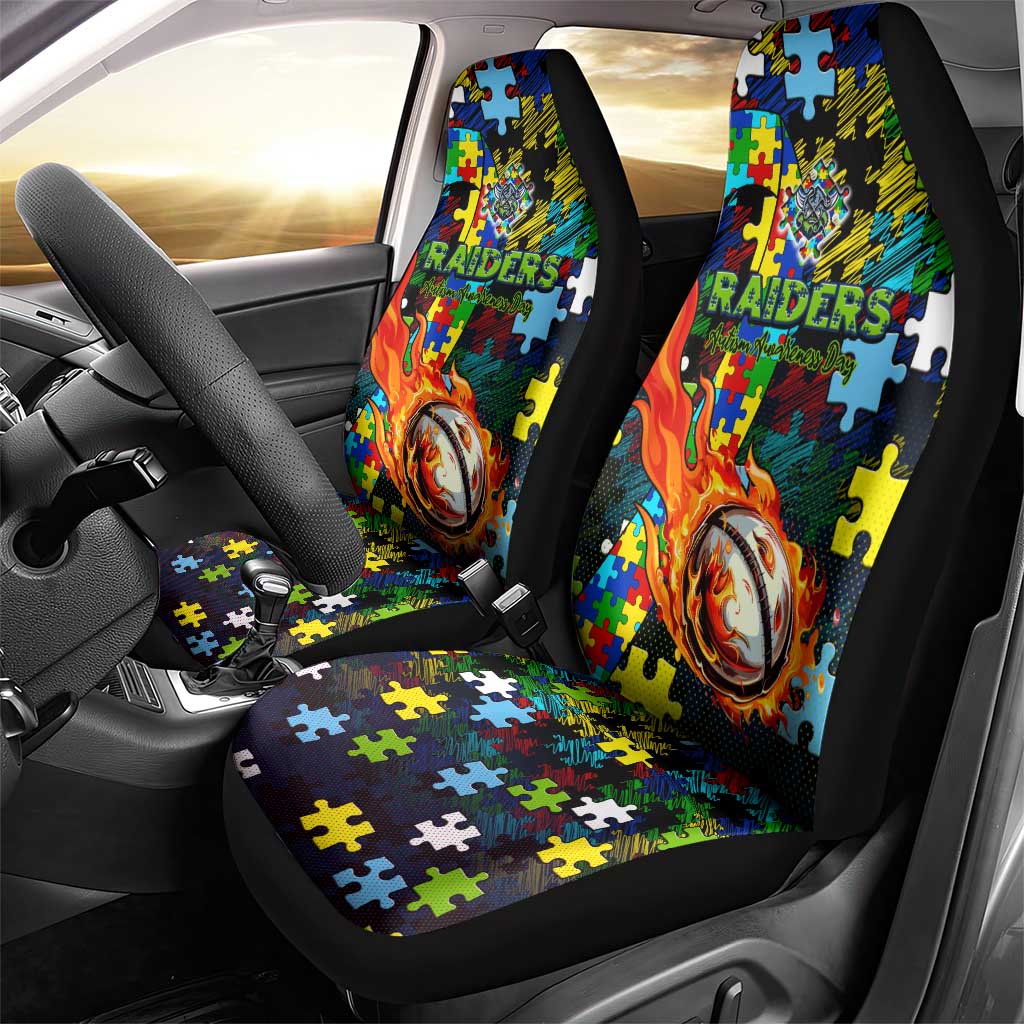 Raiders Autism Awareness Car Seat Cover Puzzle Flames Rugby Ball