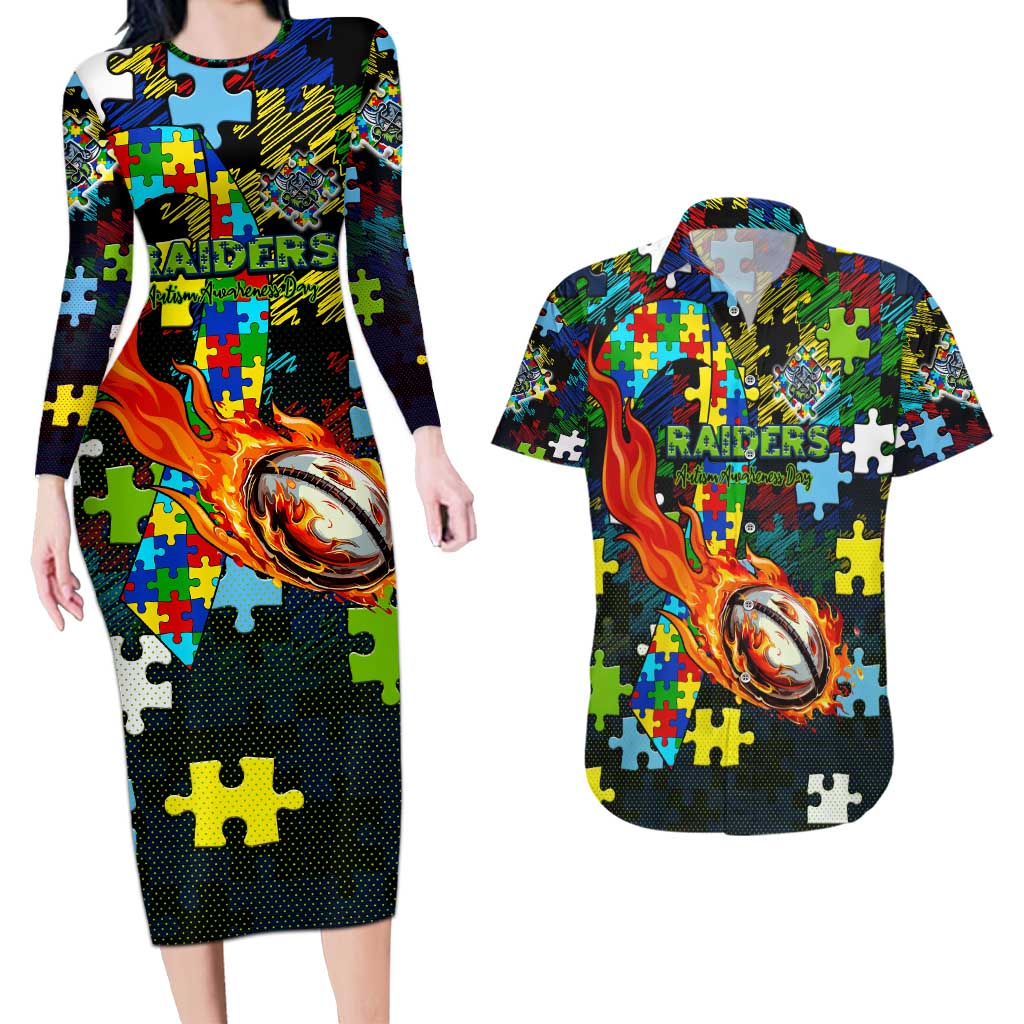 Raiders Autism Awareness Couples Matching Long Sleeve Bodycon Dress and Hawaiian Shirt Puzzle Flames Rugby Ball