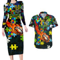 Raiders Autism Awareness Couples Matching Long Sleeve Bodycon Dress and Hawaiian Shirt Puzzle Flames Rugby Ball