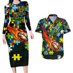 Raiders Autism Awareness Couples Matching Long Sleeve Bodycon Dress and Hawaiian Shirt Puzzle Flames Rugby Ball