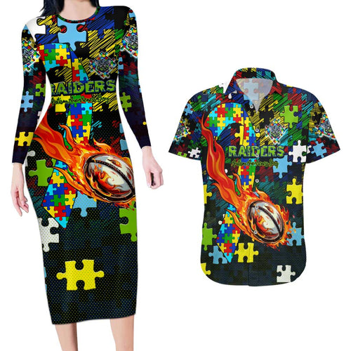 Raiders Autism Awareness Couples Matching Long Sleeve Bodycon Dress and Hawaiian Shirt Puzzle Flames Rugby Ball
