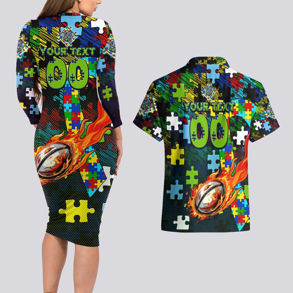 Raiders Autism Awareness Couples Matching Long Sleeve Bodycon Dress and Hawaiian Shirt Puzzle Flames Rugby Ball