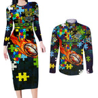 Raiders Autism Awareness Couples Matching Long Sleeve Bodycon Dress and Long Sleeve Button Shirt Puzzle Flames Rugby Ball