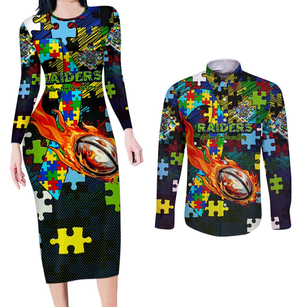 Raiders Autism Awareness Couples Matching Long Sleeve Bodycon Dress and Long Sleeve Button Shirt Puzzle Flames Rugby Ball
